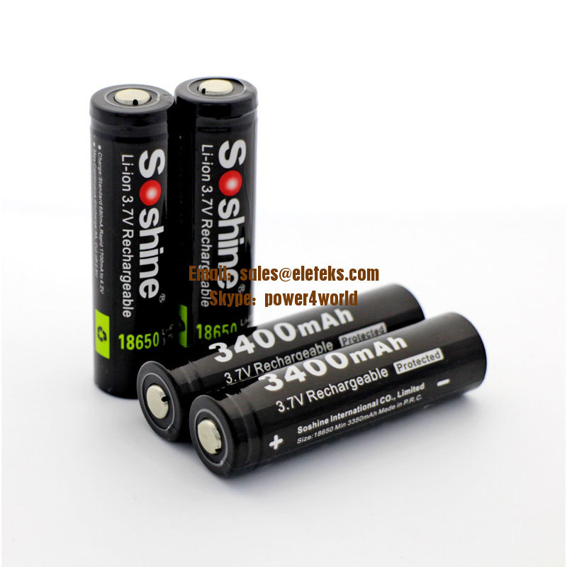 Soshine 3.7V Li-ion 18650 Protected Battery: 3400mAh with button top