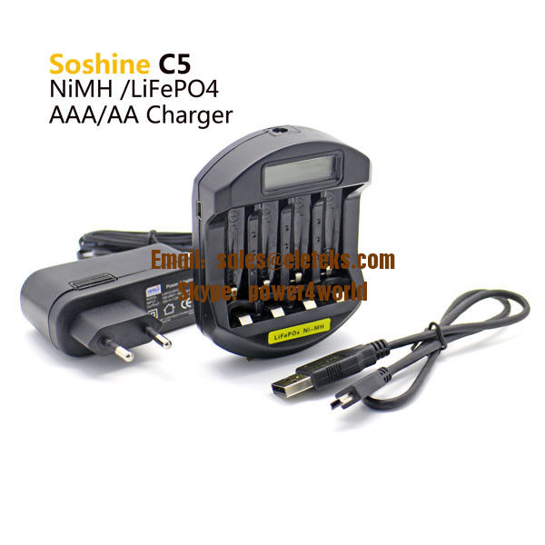 Soshine C5 battery charger for 4pcs LiFePO4 14500/10440 NiMH AA/AAA LCD Quick Battery Charger(USB 5V+DC 12V)