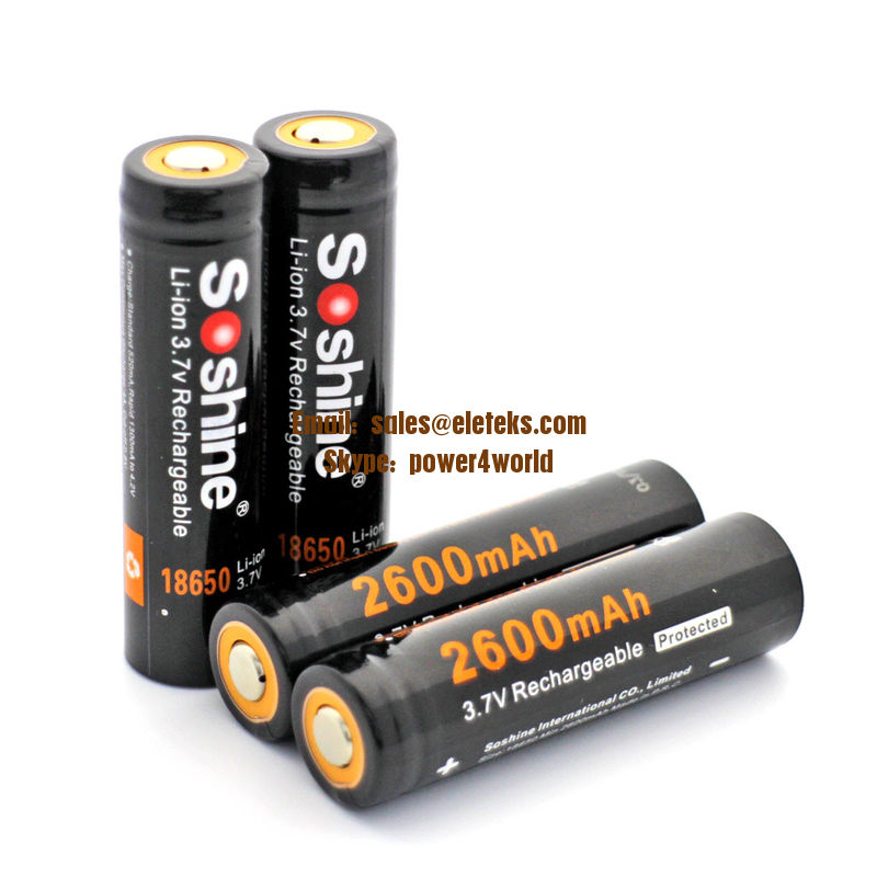 Soshine high quality rechargeable Li-ion 18650 2600mAh battery with PCB, best for torches